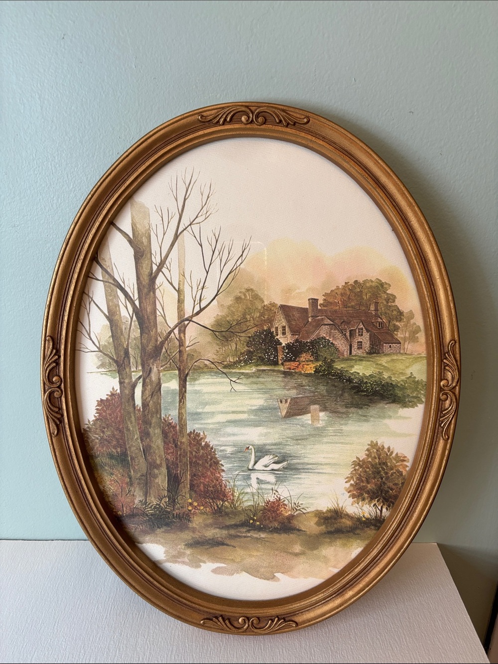 Vintage Homco Framed Oval Wall Print “Cottage Pond”